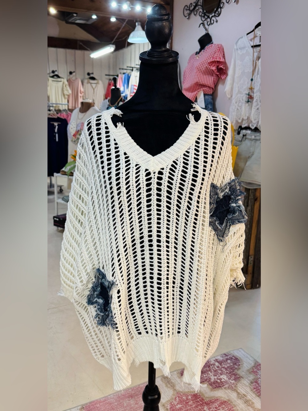 Open Knit Ivory V-Neck Sweater Poncho with Distressed Denim Star Patches - Mello